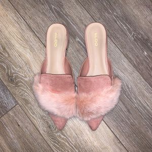 pink faux fur flats